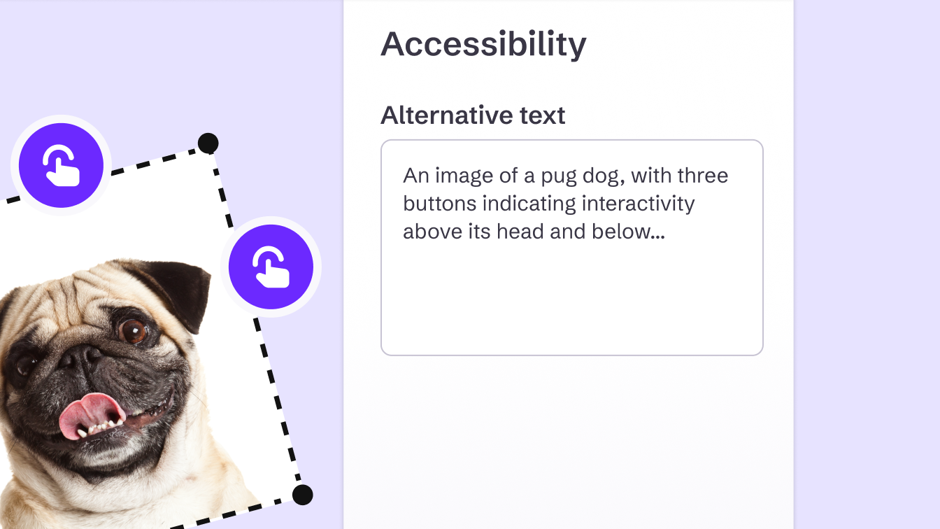 Imagem de um pug com botões interativos e o painel de texto alternativo aberto no Genially